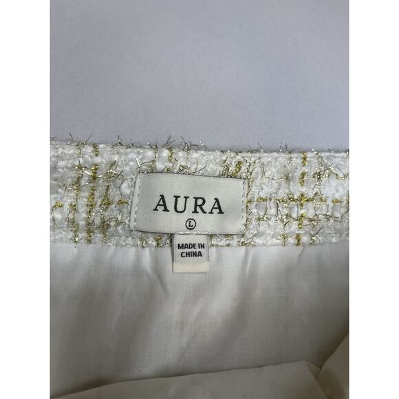 Aura Skirt Cream And Gold Tweed With Frayed Hem Gold Buttons Size Large NWTS - Picture 7 of 8